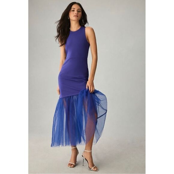 Anthropologie Dresses & Skirts - NEW Anthropologie Maeve Sapphire Blue Tulle-Hem Slim Tank Maxi Dress X-Small